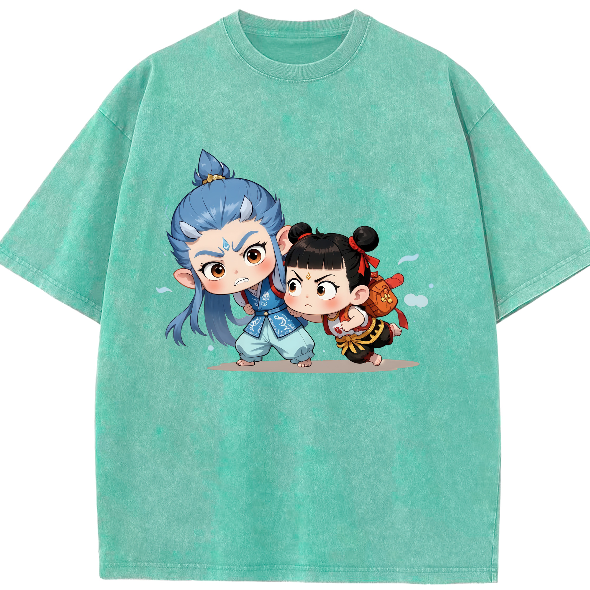 （画像用） Ne Zha 2 ナタ 魔童の大暴れ 綿100% ヴィンテージ風 半袖Tシャツ（フロントプリント）